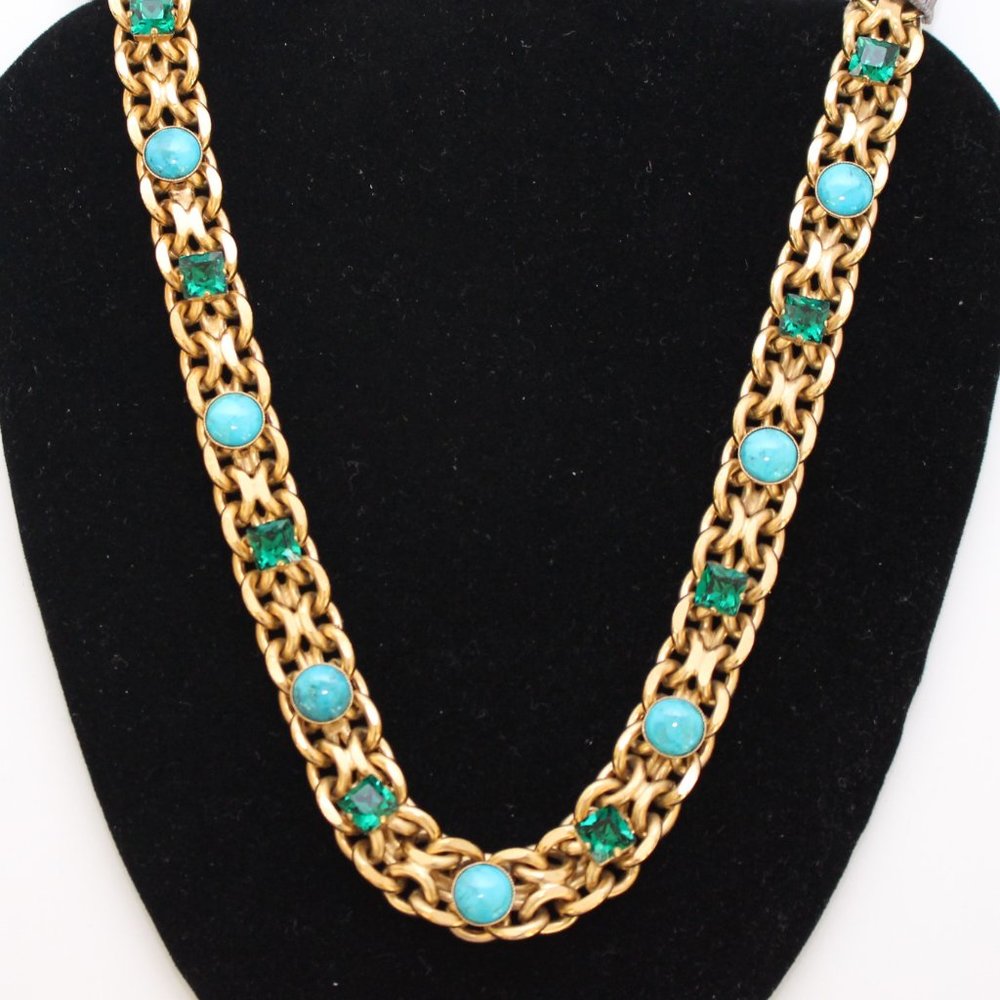 Lanvin Paris Long Emerald Turquoise Gold Necklace
